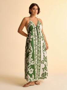 CAJUNI Women Vacation Tropical Boho Flower And Coconut Tree Print Spaghetti Strap Lace Up Casual Beach Summer Maxi Dress