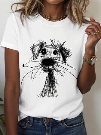 EMERY ROSE Tricou casual pentru femei cu guler rotund, imprimeu cu cățeluș și doodle, mânecă scurtă, versatil pentru vară