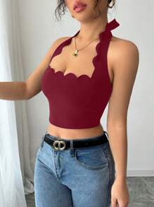 INAWLY Sexy Vacation Black Halter Tie Ruffled Neck Cropped Women Tank Top - Burgundy - View 4