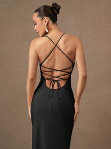 Silquee Solid Color Open Back Tie-Knot Summer Elegant Cami Dress - Black - View 3