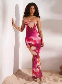 Opulessa Robe moulante sans manches imprimée florale pour femme - Prune - Voir 4