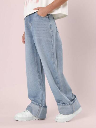 SUMWON Wide Leg Turnup Jeans High Waisted Boyfriend Style Baggy Relaxed Fit Street Style Fashion Autumn Winter Spring Denim