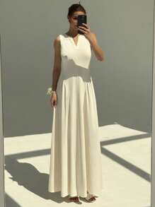 Aloruh Nuevo vestido elegante y a la moda de ajuste ceñido, en color liso, con cuello dividido de punto, sin mangas, con fruncidos