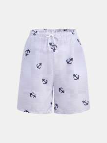 SHEIN Leap Crew Bóxer de natación estampado con rayas azul marino para niños preadolescentes, informal, cómodo, versátil, a la moda, de tela suave, apto para uso diario, viajes, deportes al aire libre, playa, primavera/verano - Celeste - Ver 3
