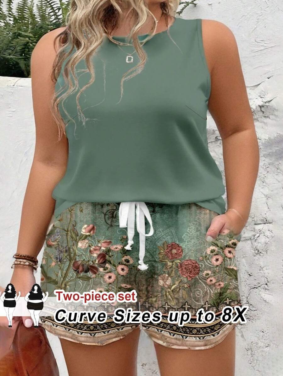 SHEIN CURVE+ Conjunto informal de 2 piezas de talla grande, con parte superior estilo top y pantalones cortos con estampado total, ideal para verano, vacaciones de campo o playa - Multicolor - Ver 1