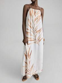 Ontre Women's Teacher Outfit, New Design 2025, Independence Day, Women's Airport Casual Wear, Holiday Style, Print Pattern, Spaghetti Strap Design, Beaded Design, Women's Maxi Dress, Oversized Fit, Side Slit, Straight Skirt, Summer Clothing, Daily Wear, Holiday Dress Palm Tree Dress Island Dress Flow Dress Silk Dresses Resort Wear