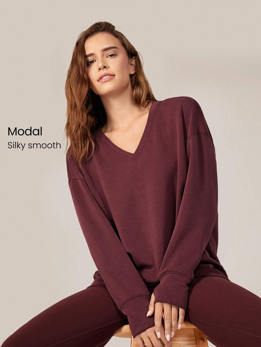 GLOWMODE Modal Silky Smooth Oversized V-Neck Hip Length Long Sleeve Sweatshirt With Thumbholes Daily Casual Spring Summer - Burgundy - View 1