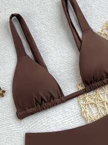 Swim SXY Bộ bikini tam giác hở lưng màu trơn cho nữ đi nghỉ ở bãi biển - màu nâu - Xem 4