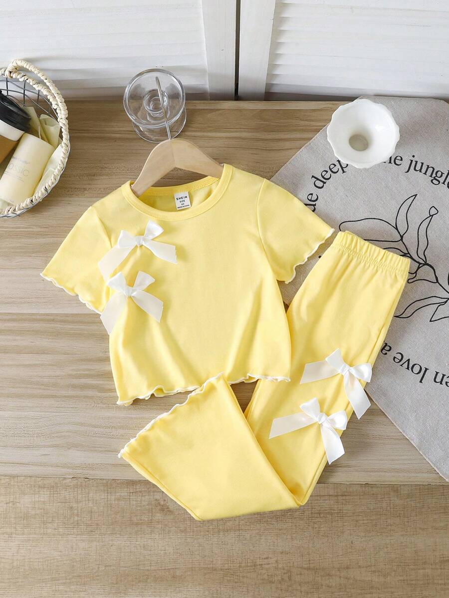 SHEIN 2件套少女夏季休闲蝴蝶结装饰T恤和裤子套装 - 黃色 - 查看 1