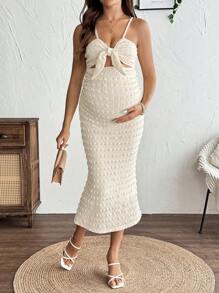 SHEIN Maternity Solid Color Hollow Out Knot Slim Fit Elegant Cami Dress Baby Shower Dress Maternity Maternity Dress Baby Shower Work Summer Dresses Women Short Dresses Summer Women White Dress - Apricot - View 8
