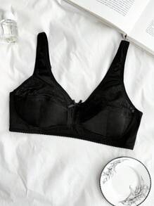 SHEIN Sujetador de encaje con parches y decoración de lazo, unicolor, cómodo para tallas grandes