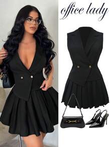 SHEIN x Lina SHEIN SXY Bộ vest đen ôm dáng đơn giản thanh lịch gợi cảm mùa hè - Áo vest không tay viền bất đối xứng & chân váy xếp ly mini 2 món, thích hợp cho các buổi hẹn hò, tụ tập, sinh nhật, tiệc tùng, dịp trang trọng, đi làm, công sở thường ngày cho phụ nữ vào mùa thu/đông - màu đen - Xem 1