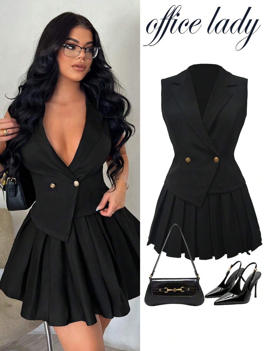 SHEIN x Lina SHEIN SXY Bộ vest đen ôm dáng đơn giản thanh lịch gợi cảm mùa hè - Áo vest không tay viền bất đối xứng & chân váy xếp ly mini 2 món, thích hợp cho các buổi hẹn hò, tụ tập, sinh nhật, tiệc tùng, dịp trang trọng, đi làm, công sở thường ngày cho phụ nữ vào mùa thu/đông - màu đen - Xem 1