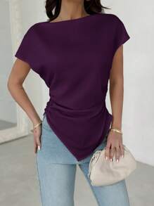 Firerie Women Solid Color Short Sleeve Ruched Asymmetric Hem Blouse Purple - Purple - View 3