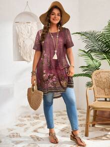 EMERY ROSE Plus Size Crew Neck Short Sleeve Floral Print Casual Blouse, Everyday Wear,Summer,Tropical Vacation - Pink - View 4