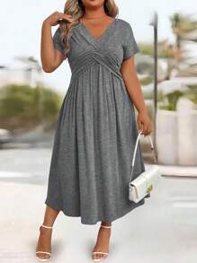 SHEIN PETITE Elegant Plus Size Women's Cable Knitted Twist Dress, Casual/Office, A-Line, Roomy, Slimming, Flared Skirt With Side Pockets