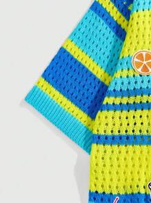 ROMWE MEN Casual Men's Vacation Embroidery Pattern Loose Knit Shirt Short Sleeve Top - Blue - View 4