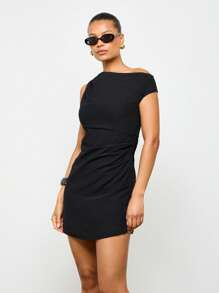 AiiRZ Asymmetric One Shoulder Mini Dress Ruched Bodycon Party Special Occasion Evening Sophisticated Little Black Dress - Black - View 4