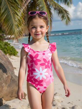 Traje de baño de una pieza con estampado floral para niñas, para vacaciones de primavera/verano