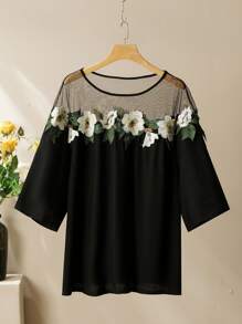 Modelyn Bộ 2 món: Áo cánh tay 3/4 họa tiết hoa trơn màu thoải mái & Quần ống rộng cạp chun, cỡ lớn, mùa xuân và mùa hè - màu đen - Xem 7