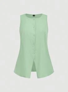 SHEIN MOD 大码休闲无袖褶皱方领衬衫 - 綠色 - 查看 1