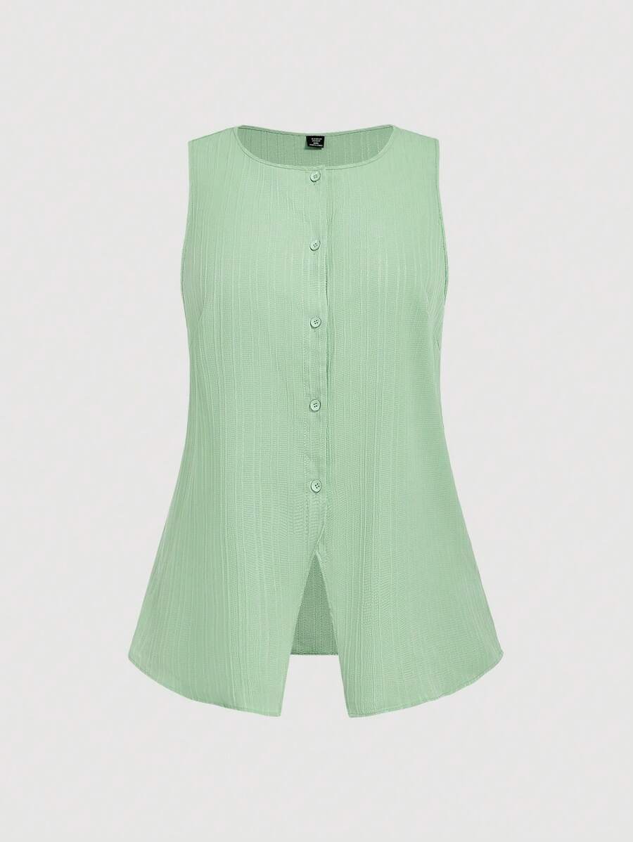 SHEIN MOD 大码休闲无袖褶皱方领衬衫 - 綠色 - 查看 1