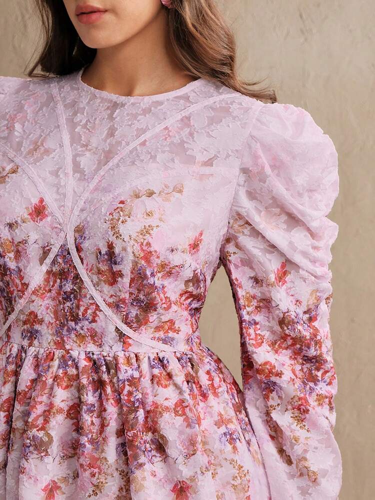 Elegant, Chic Waist-Cinched Puff Sleeve Floral Print A-Line Dress, Suitable For Spring/Summer, Festival, Graduation