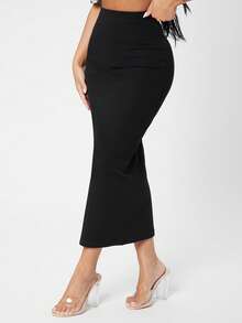 SHEIN PETITE Elegant Solid Color High Waist Slim Fit Skirt, Suitable For Commuting - Black - View 4