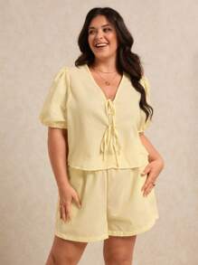 Elaquor 大码条纹衬衫和短裤套装大码条纹休闲大码女士夏季两件套，宽松，短袖衬衫和短裤，轻松别致的度假套装，格子衬衫和格子短裤，领带，7 月 4 日 - 黃色 - 查看 4