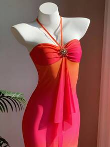 Comfortcana 女式无袖露背渐变色修身连衣裙，夏季 - 玫紅色 - 查看 4