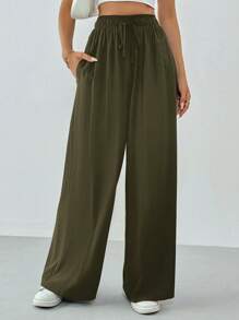 SHEIN Tall Women Spring/Summer Casual Solid Color Drawstring Wide Leg Pants,Cargo Pants - Army Green - View 7