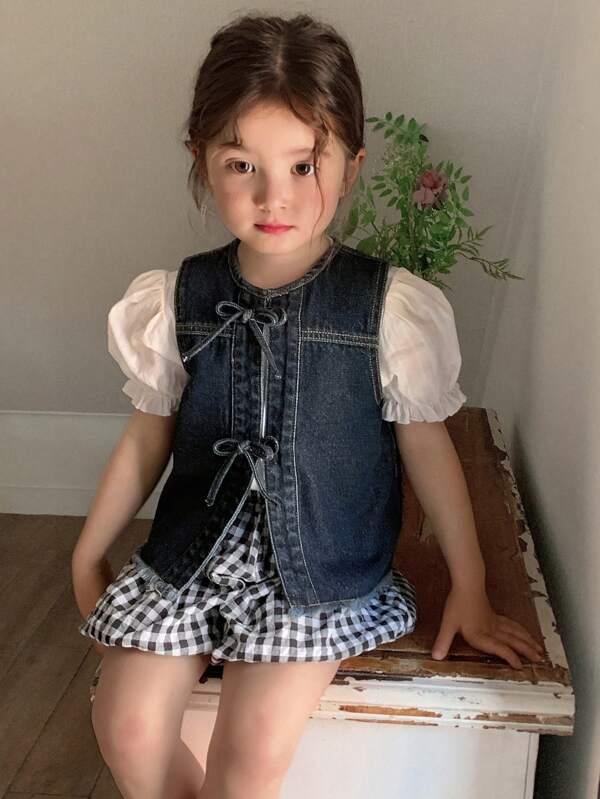 DAZY Kleine Mädchen Schleife Träger Lässiges Koreanisches Stil Süß Ärmelloses Jeans Weste Top, Mädchen Sommer Outfit