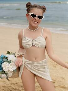 Tween Girls' Apricot Textured Metal Button Bikini Swimsuit Set With Mini Skirt - Beige - View 3