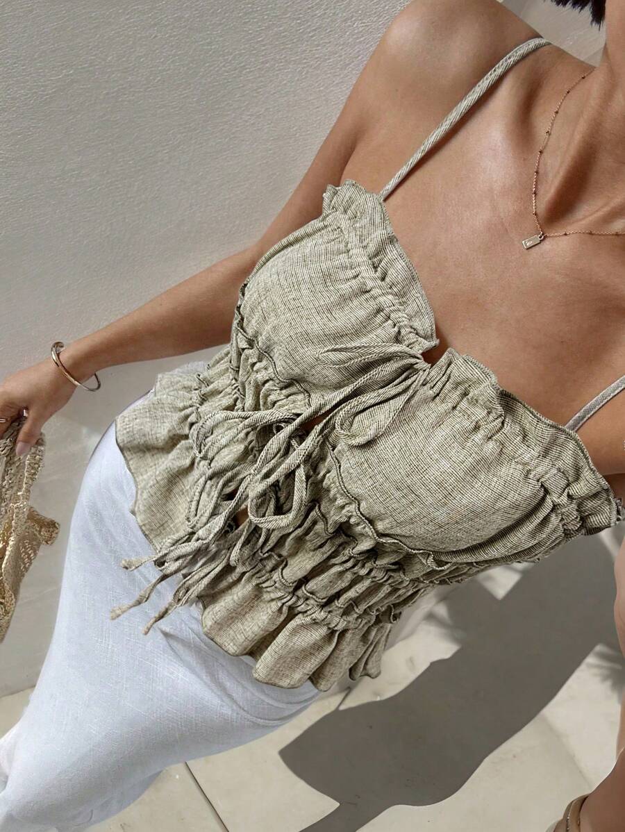 Siren Gaze 女式纯色抽绳褶皱吊带背心，春夏 - 綠色 - 查看 1