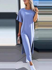 INAWLY Solva Abito casual da donna con spacco laterale, tinta unita, estivo