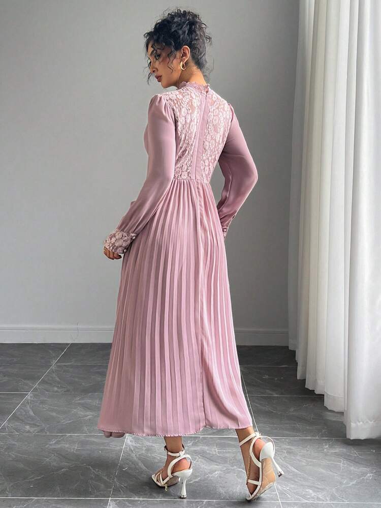 Women's Fall Lace Patchwork High Collar Waisted Mid-Length Dress Long Sleeve Dress
