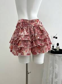 SHEIN Unity 女士夏季彩色印花性感低腰多层荷叶边短裤 - 粉色 - 查看 2