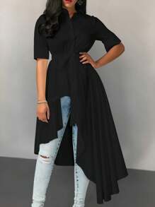 SHEIN Unity 女式休闲长款超大码燕尾衬衫裙 - 黑色 - 查看 3