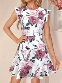 SHEIN Clasi Vestito mini attillato da donna con scollo a barchetta, maniche a campana e stampa floreale rosa e bianca