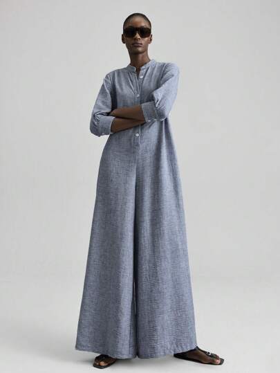 Ontre Women's Teacher Outfit, Independence Day, Comfortable Casual Style, Blue-Gray, Stand Collar, Jacquard Fabric, Women's Jumpsuit, Spring/Summer Clothing, Everyday Wear, Wide-Leg Jumpsuit, 3/4 Sleeve, Long Pants, Women's Casual Jumpsuit Modern Urban Casual Fashion Business Casual Women's Office Wear Low-Key Old Money Style Effortless Temperament High-End Urban Commuting High-Quality Airport Women's Wear High-End Material High-End, Elegant, Old-Fashioned Cruise Attire For Wedding Guests