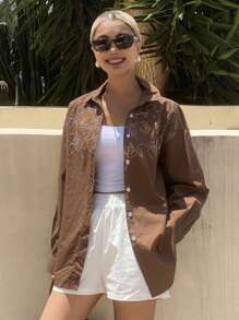 DAZY Blusa casual da donna, a manica lunga, ampia, con ricamo floreale e di farfalle, per l'estate
