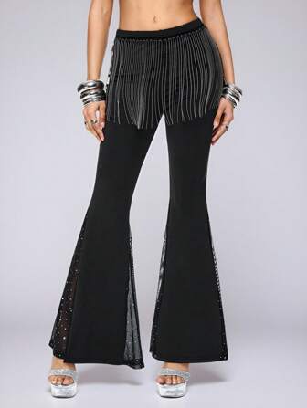 Grunge Punk Y2K-Sexy-Clubwear-Hose für Damen mit Metallfransenbesatz