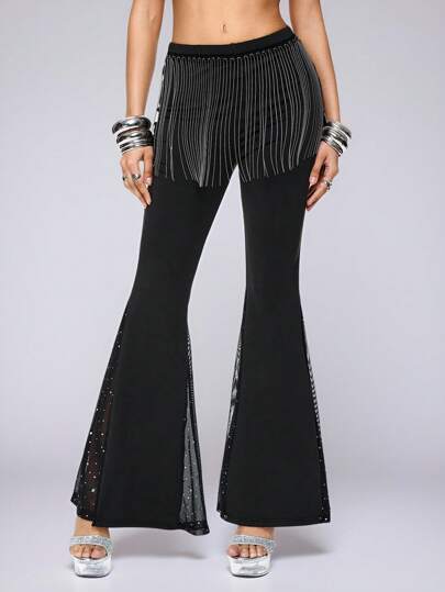 Grunge Punk Pantalon long avec franges en métal pour femmes, tenue de soirée sexy Y2K