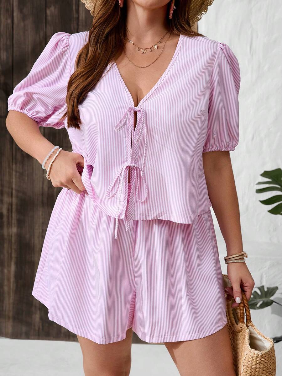 SHEIN VCAY 2pcs Plus Size Striped Puff Sleeve Tie Blouse And Casual Shorts SetSummer Outfits For Women