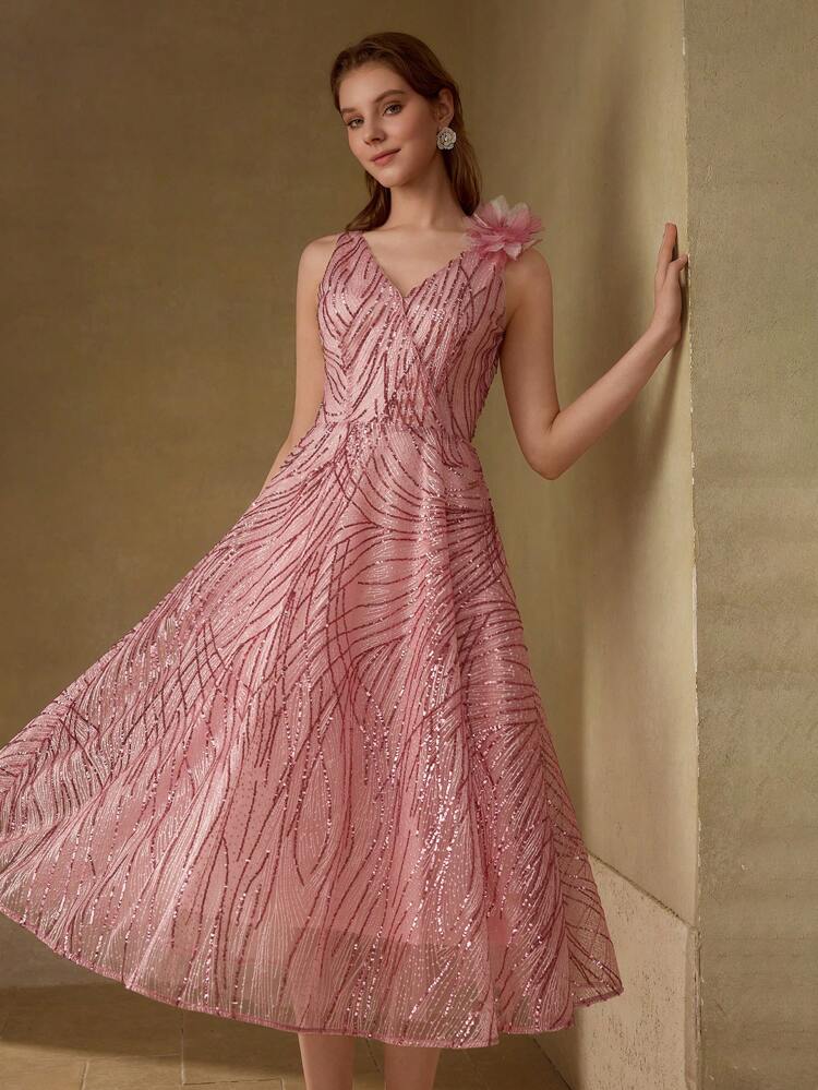 ROBE DE COCKTAIL À PAILLETTES CONTRASTÉES FLORAL STÉRÉO