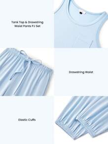 LUVLETTE 夏季柔软100%纯棉基础休闲运动背心和裤子家居服透气睡衣套装运动休闲舒适套装带口袋运动裤内衣可外穿也适合青少年女孩、年轻女孩和儿童作为睡衣穿着，春夏配套七分裤两件套 - 藍色 - 查看 4