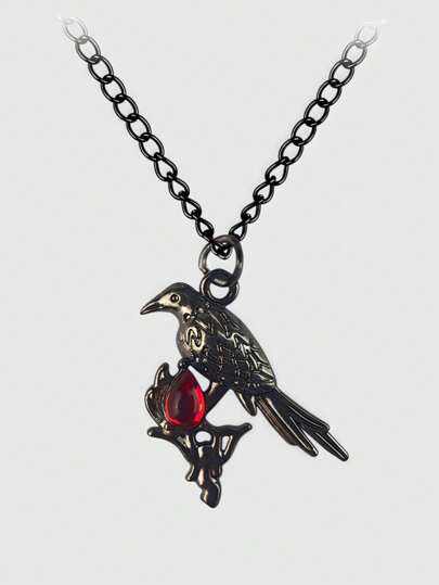 Vintage Badge Ruby Necklace, Gothic Dark Raven Necklace, Halloween