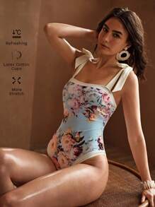 MOTF PREMIUM FLORAL PRINT KNOT ONE-PIECE SWIMSUIT FOR SUMMER BEACH VACATION - Multicolor - View 1