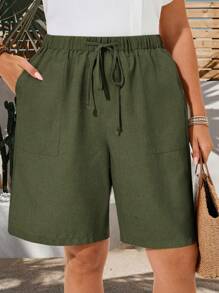EMERY ROSE Bermudas de verano de unicolor para mujer talla grande, unicolor, con bolsillos laterales, sueltas, hasta la rodilla, cintura media, estilo básico de moda - Verde militar - Ver 1