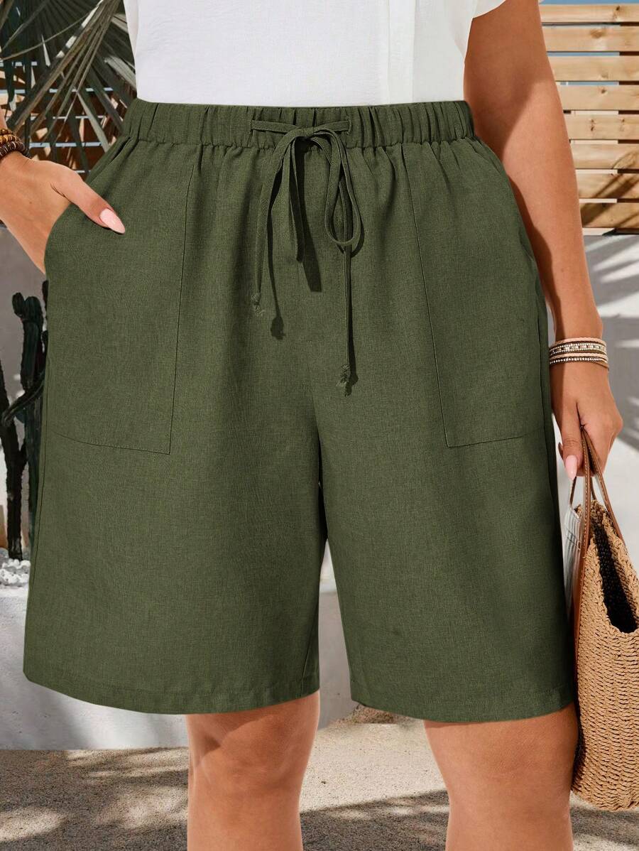 EMERY ROSE Bermudas de verano de unicolor para mujer talla grande, unicolor, con bolsillos laterales, sueltas, hasta la rodilla, cintura media, estilo básico de moda - Verde militar - Ver 1